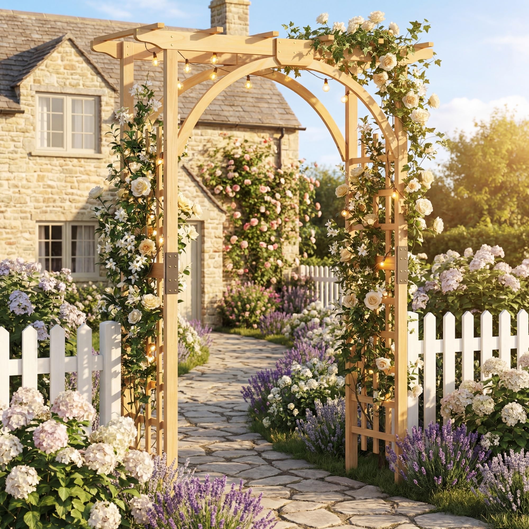 GYMAX Arche de Jardin en Bois Massif pour Plantes ou Fleurs Grimpantes, Arche en Treillis à Rosiers Lumières pour Décoration Extérieure de Fête Mariage, 134 x 213cm