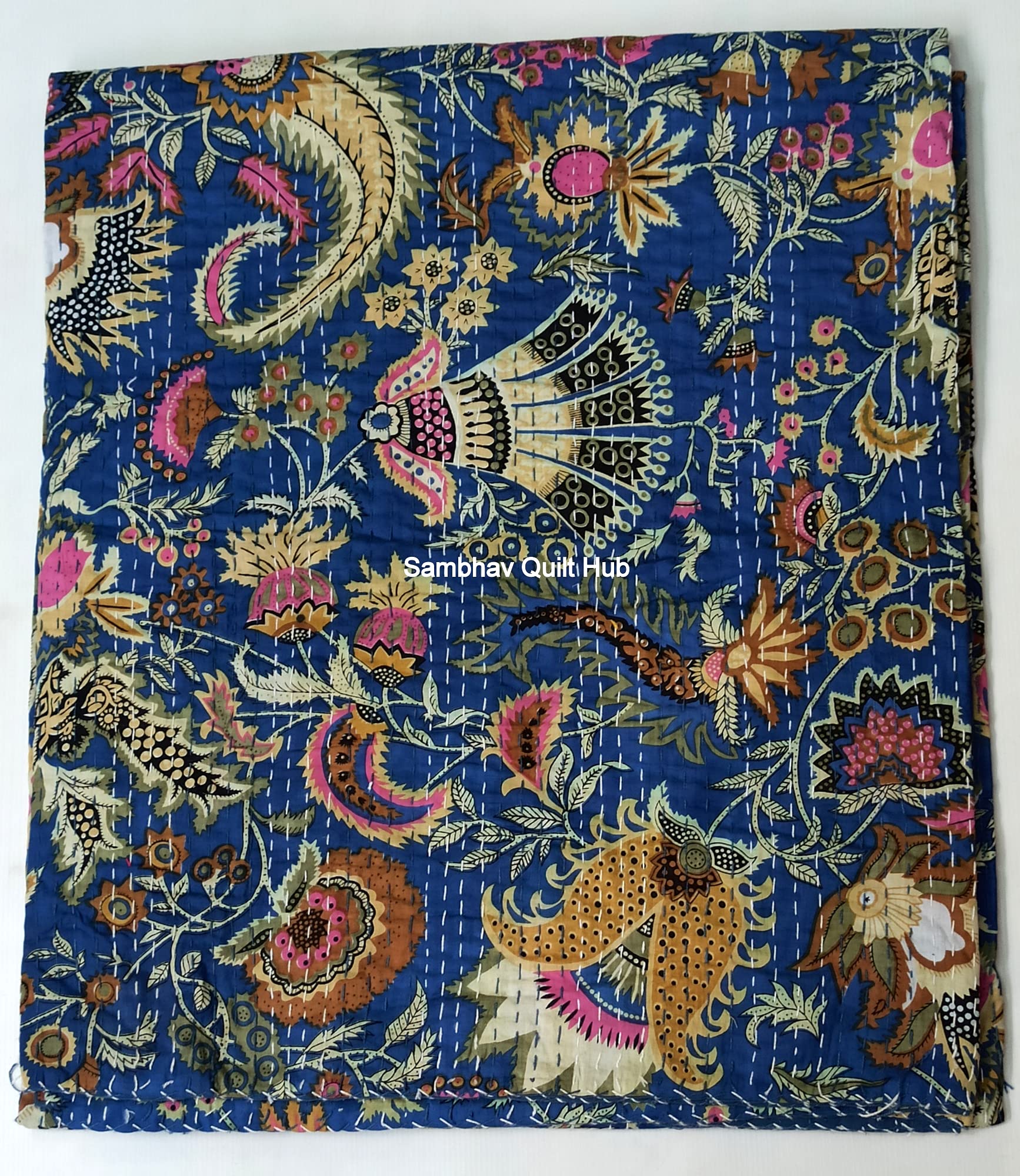 Colcha Kantha Estampada A Mano Con Bloques: Cubrecama Vintage