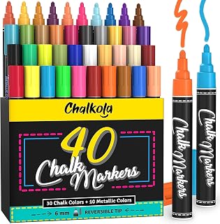Chalkola Chalk Markers - Pack of 40 (Neon, Classic & Metallic) Chalk Pens - For Chalkboard, Blackboard, Window, Labels, Bistro, Glass - Wet Wipe Erasable - 6mm Reversible Tip