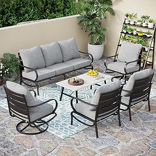 PHI VILLA 6 PCS Patio Furniture Sets with 2*Swivel Cushioned Sofa Chairs, 2* Leg Chairs, 1 * 3-Seat Wide Deep Seating Bench and 1*Coffee Table, Outdoor Conversation Set for 7 Person(Grey)