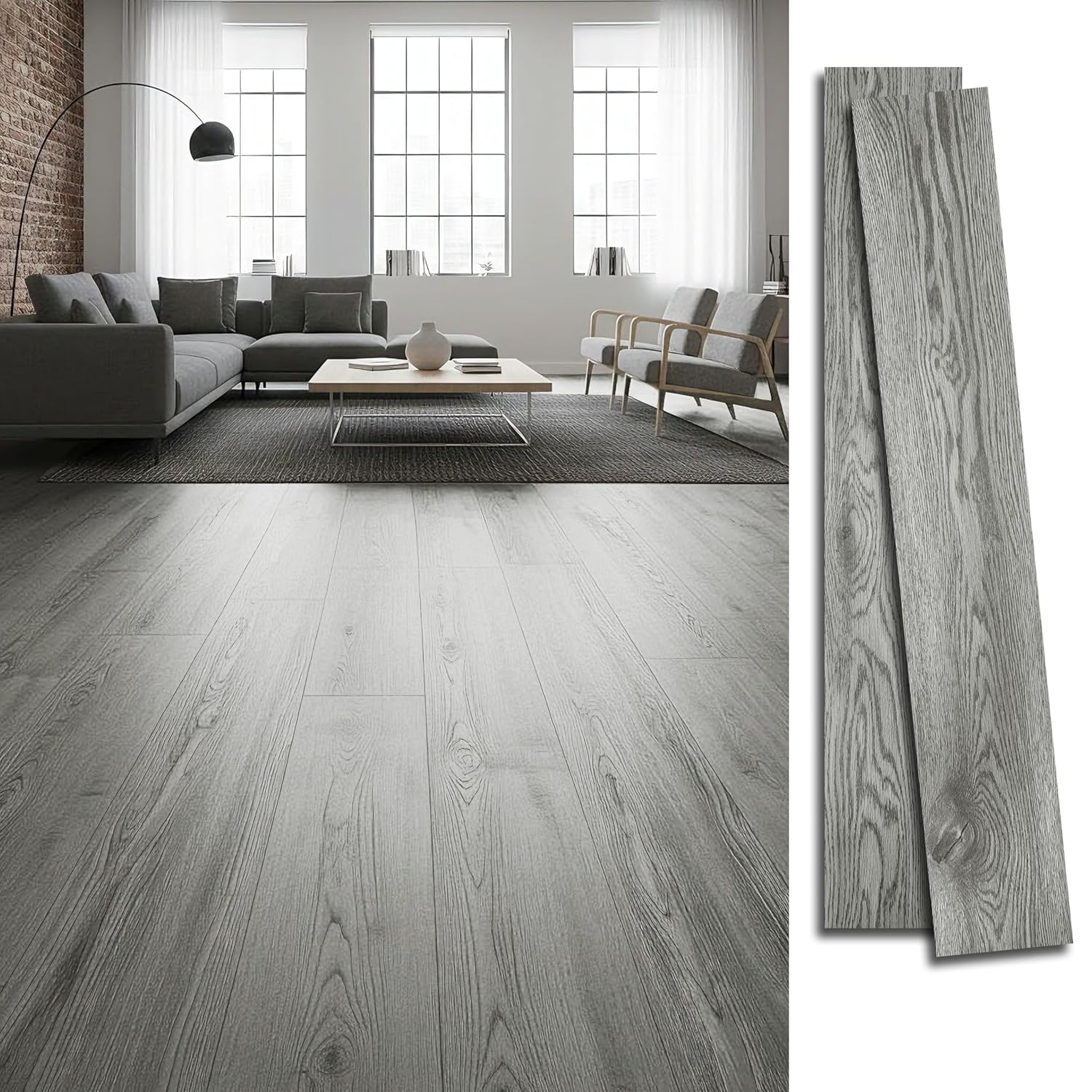 54 Sq.Ft Peel and Stick Floor Tile (Ash Grey) Bundle with 3.3Ft Single-Door Transition Strip, Waterproof Vinyl Planks & Pre-Cut Bathroom/Kitchen Threshold Trim, Modern DIY Flooring Kit