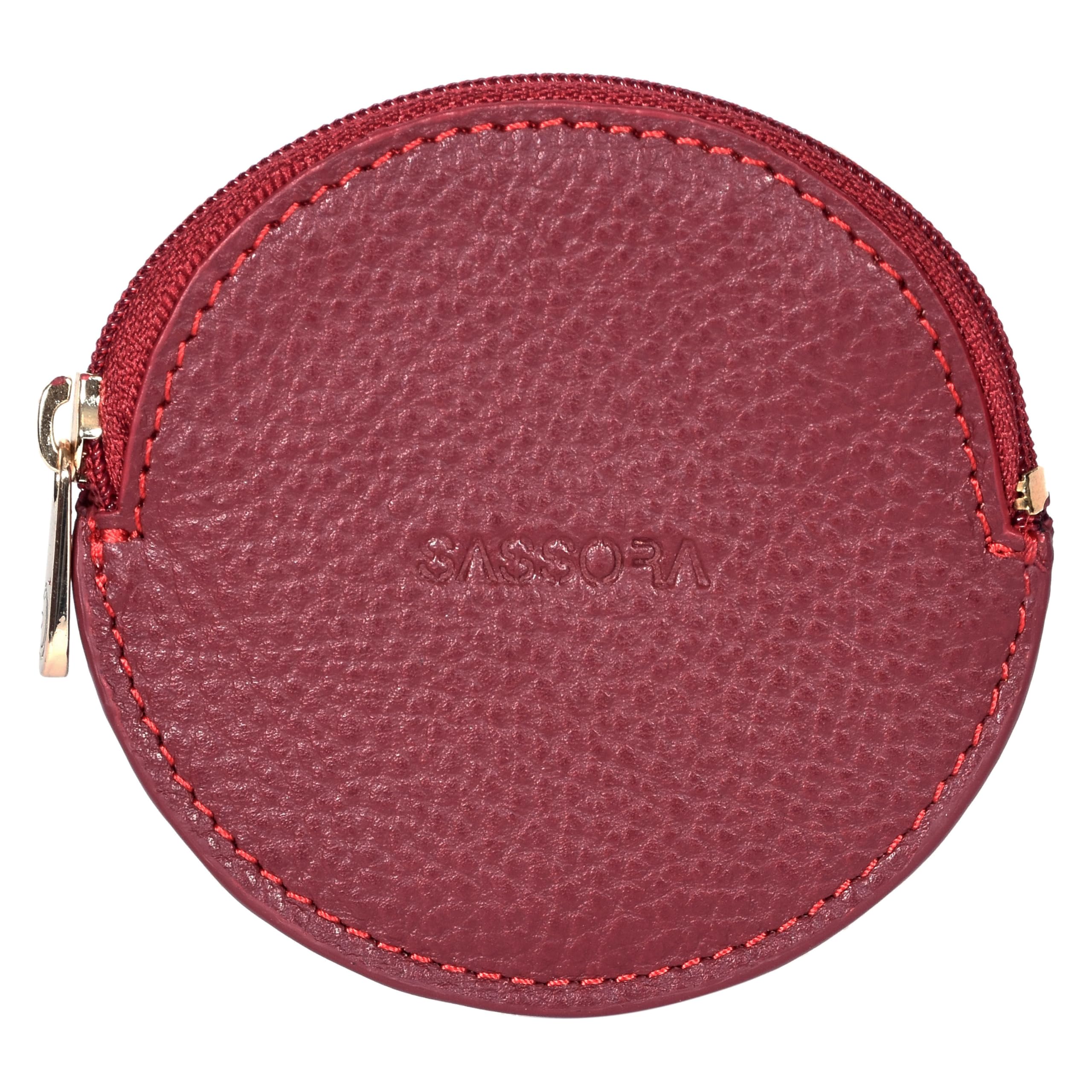 sassora Genuine Leather Slim Coin Purse Pouch | Compact Case for Jewellery, Earphones & Small Essentials | Mini Oval Wallet for Women (Cherry)-picture-47