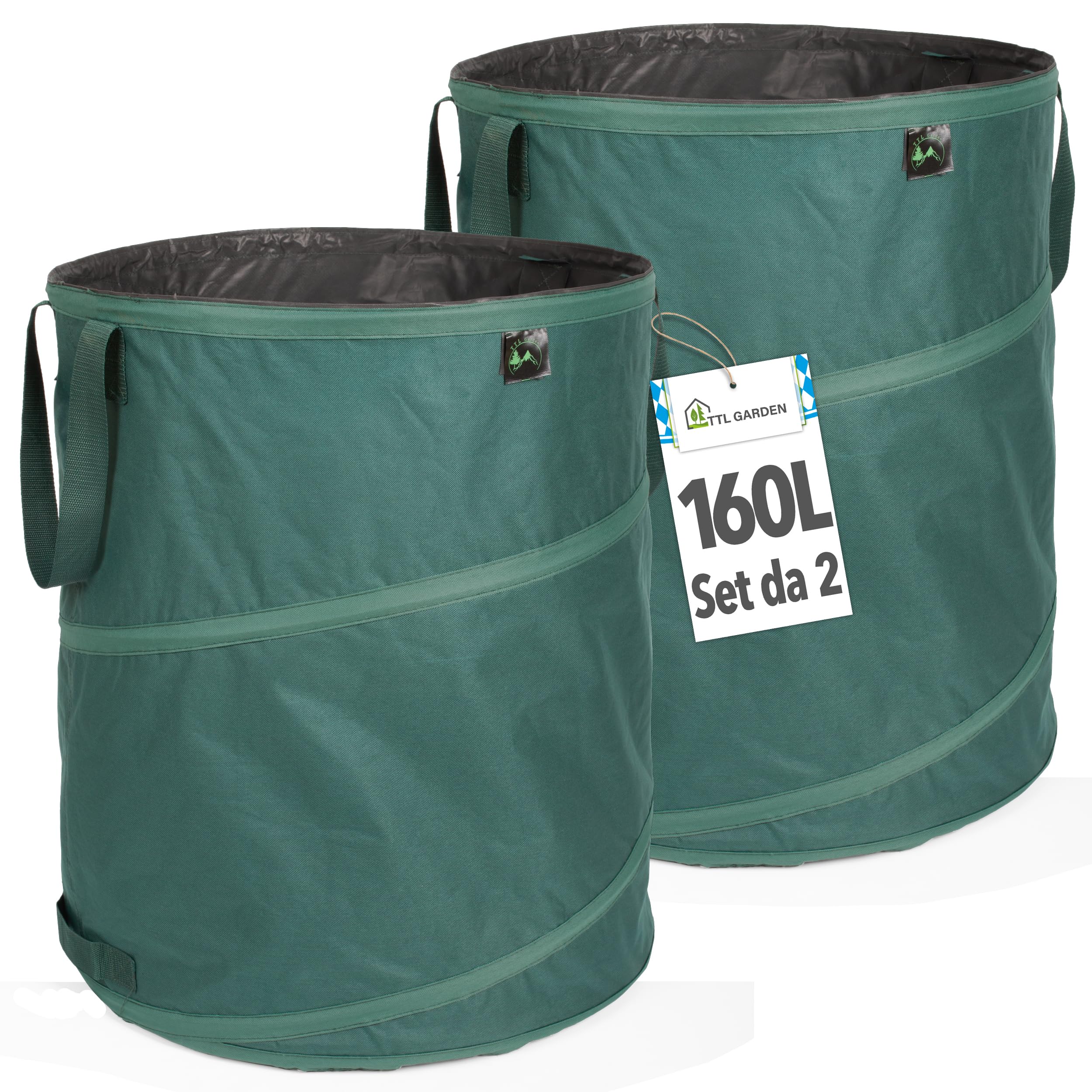 TTL GARDEN 2 sacchi per rifiuti da giardino Pop Up da 160 l, 220 g/m², 600D, Oxford, set da 2 pezzi, 160 litri, pieghevoli, extra stabili, sacco per foglie e contenitori per taglio verde, da giardino