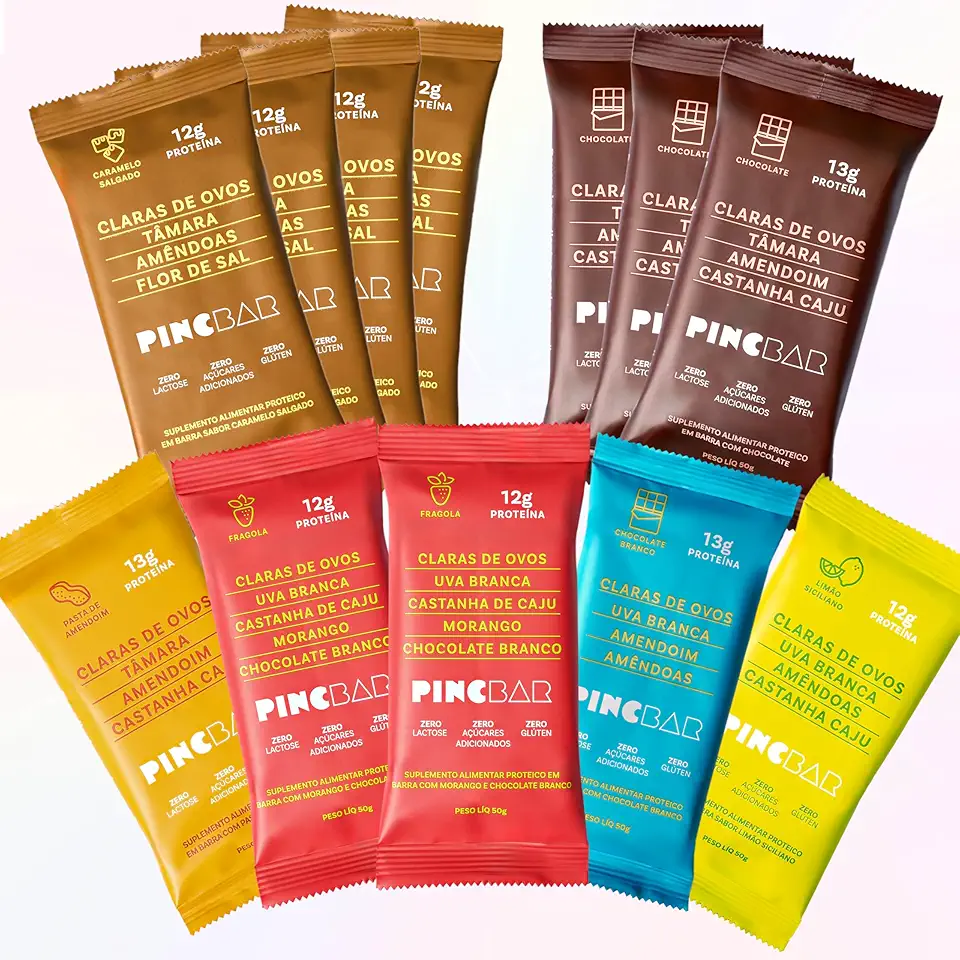PincBar Caixa MISTA 6 SABORES 12 unidades - Barra de Proteína Sem Açúcar 50g