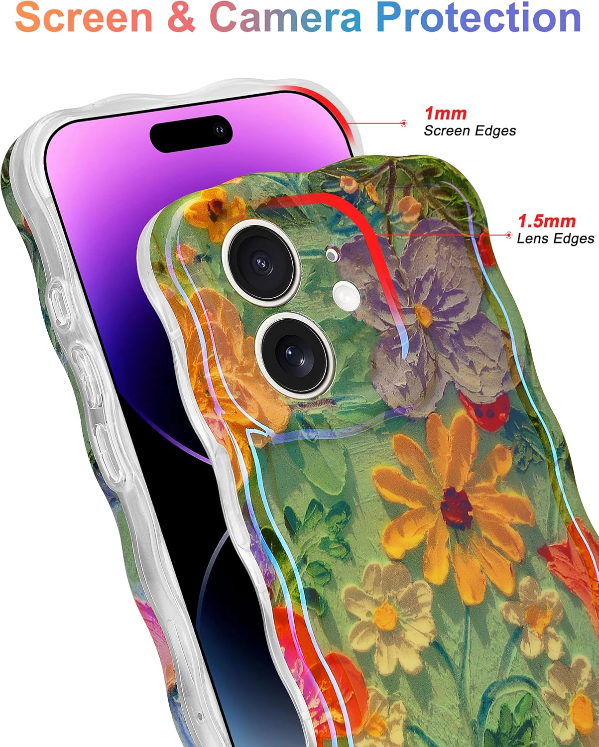 Jusy Compatible with iPhone 11, Colorful Retro Oil Painting Printed Flower Laser Glossy Pattern Cute Curly Wave Phone Case Soft TPU Cover for Girly Women - Green Yellow - Image 4