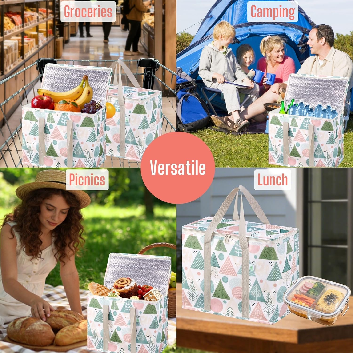 VENO 2 Pack Insulated Cooler Bag Reusable Grocery Shopping Bag, Food Delivery, Heavy Duty, Large Size, Durable Handles, Double Zippers, Lid, Collapsible (Pastel Forest, 2 Pack) - Image 6