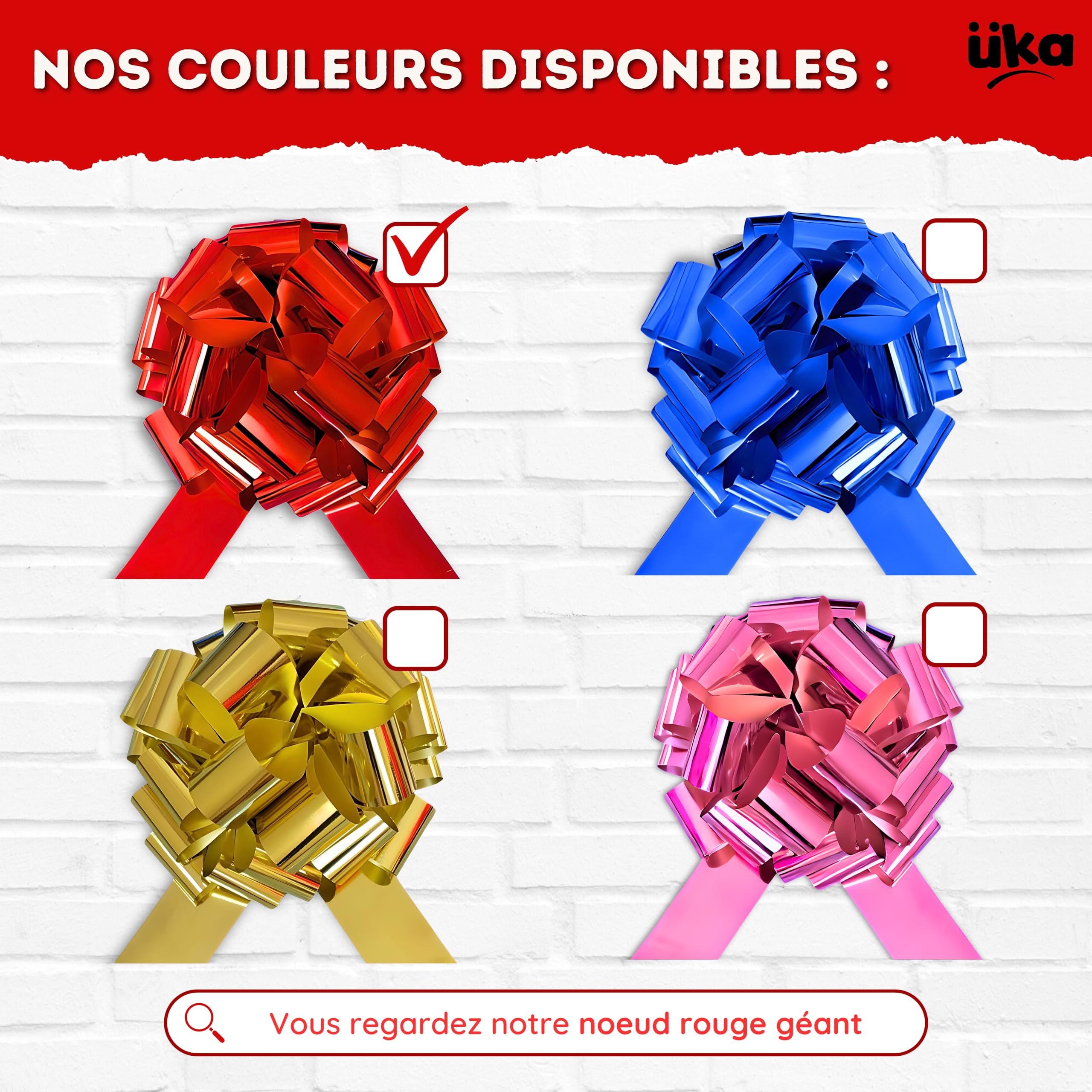 Üka • Noeud Cadeau Géant. Diamètre 40 cm. Grand Noeud Cadeau pour Voitures, Vélos et Électroménagers. Gros Noeud Rouge avec Conception Auto-assemblable et Réutilisable.