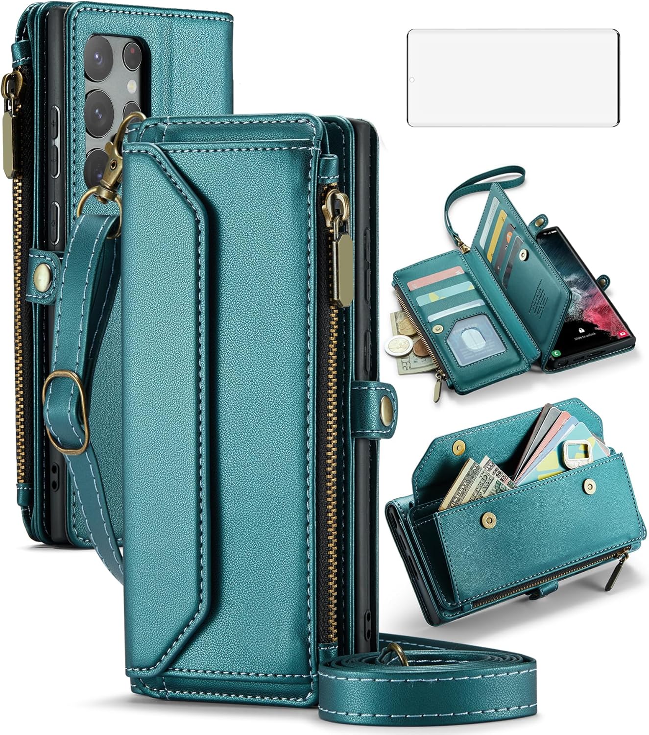 Asuwish Phone Case for Samsung Galaxy S22 Ultra 5G Zipper Wallet Cover with Tempered Glass Screen Protector and Flip RFID Blocking Card Holder Cell S22ultra 22S S 22 S22ultra5g 6.8 Women Girls Green