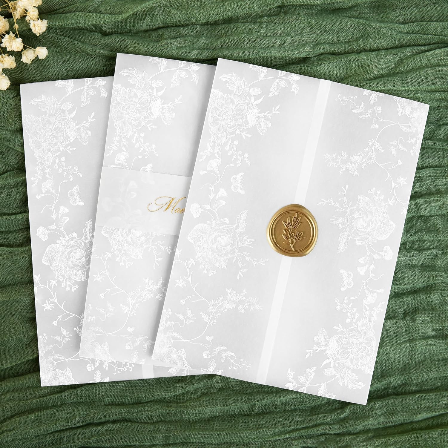PONATIA 50PCS Floral Vellum Jackets for 5x7 Cards, 135gsm Clear Vellum Paper Envelopes for Wedding/Bridal Shower/Birthday Quinceanera Invitations (White Foil)