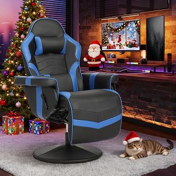 Massage Gaming Recliner Chair with Cup Holder & Side Pockets Ergonomic PU Leather Video Gaming Chair with Footrest, Manual Recline, Headrest & Lumbar Support for Office or Game Room Blue