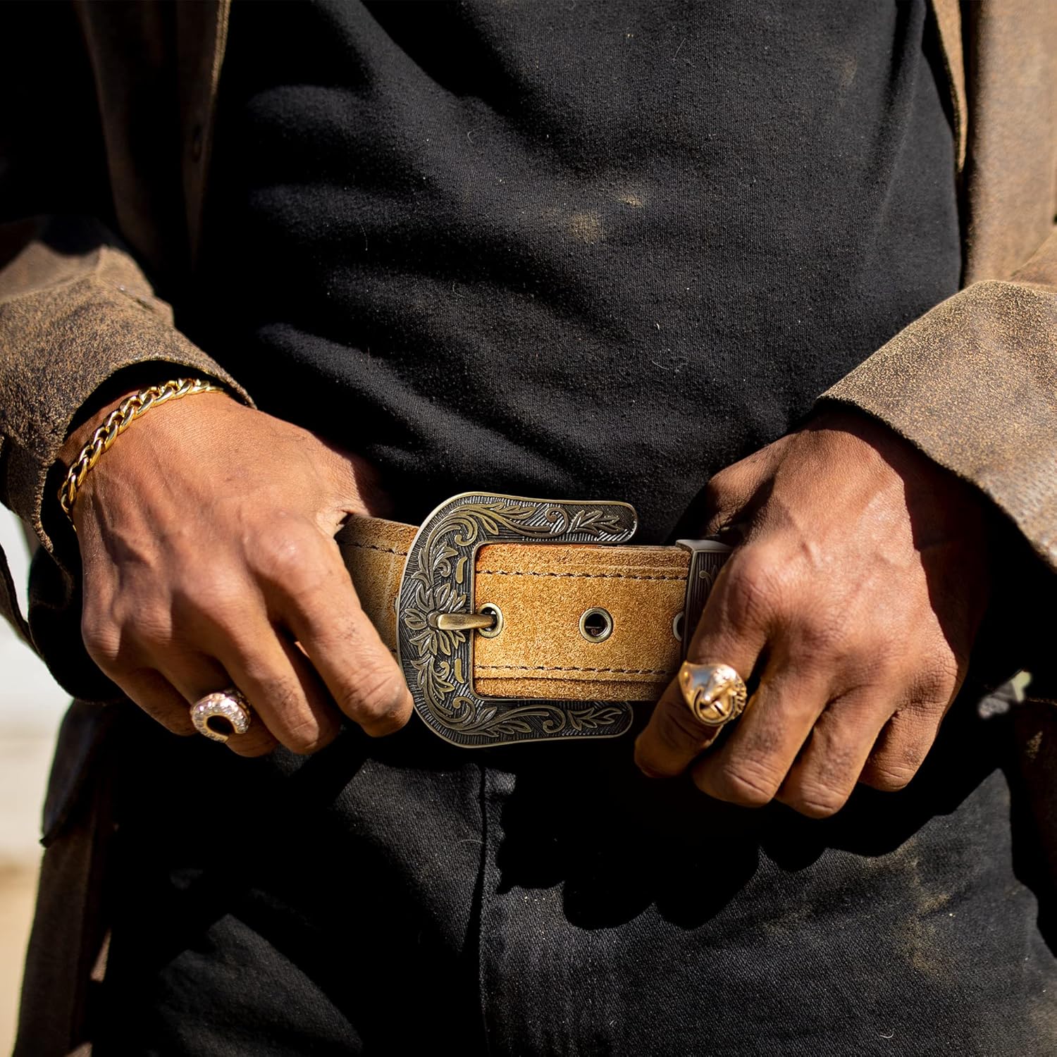 RAW HYD Leather Western Belts for Men - Classic Cowboy Belts for Men w/Embossed Buckle - Adjustable Men’s Western Belt.