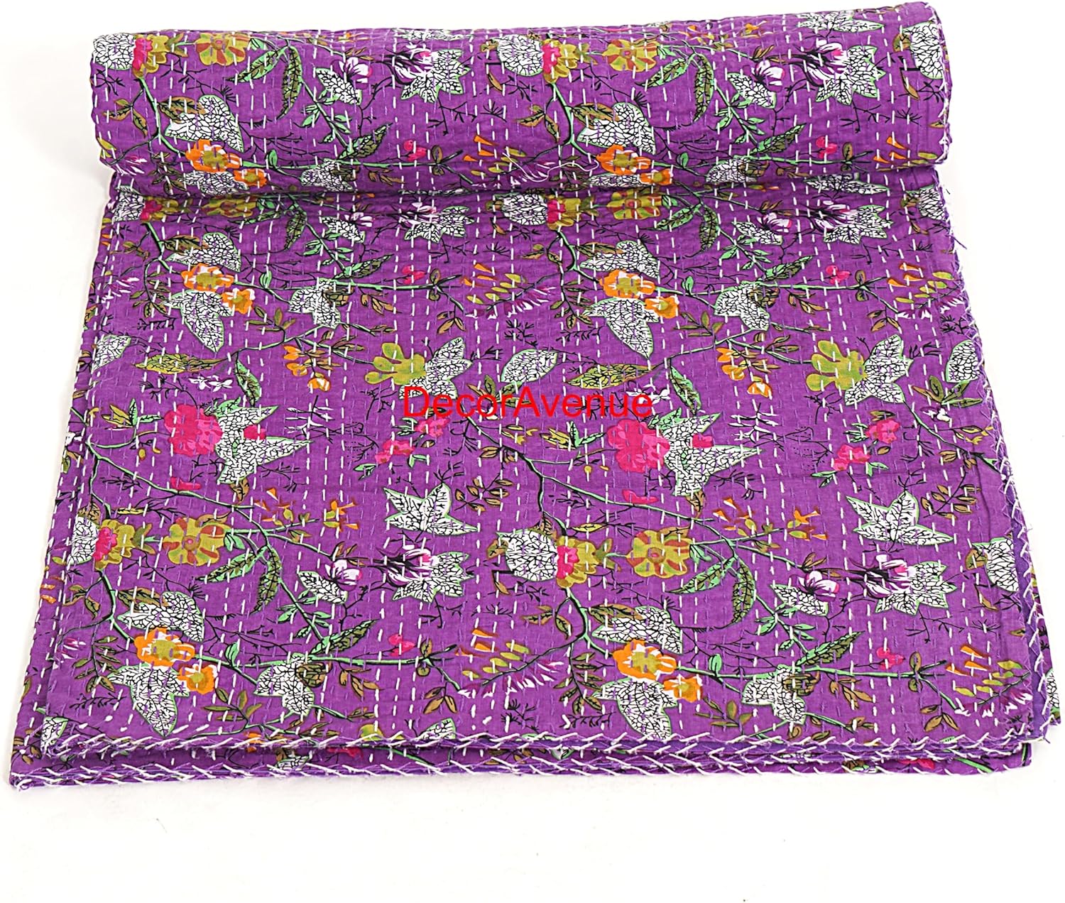 Hand-Stitched Bohemian Kantha Quilt Paradise Print Cotton Bedspread Lightweight Reversible Throw Blanket, Vintage Style Bedding for All Seasons, Color - Gray, Size King 108" x 108" inches