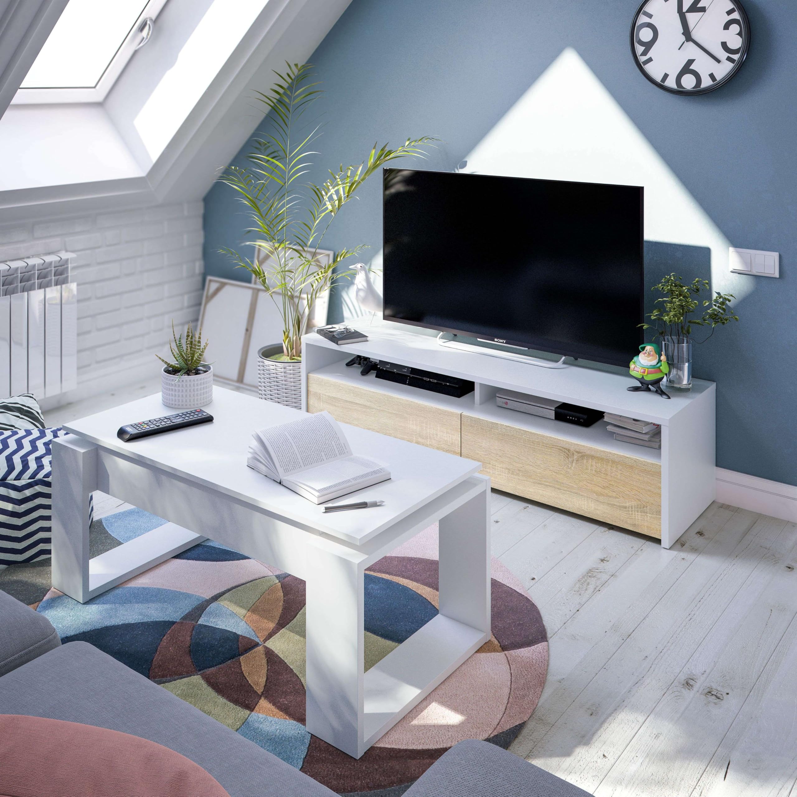 Habitdesign Mueble de Salon, modulo de Comedor Kioto, Acabado Color Blanco Artik y Roble Canadian, Medidas: 130 cm (Ancho) x 35,5 cm (Alto) x 40,2 cm (Fondo)