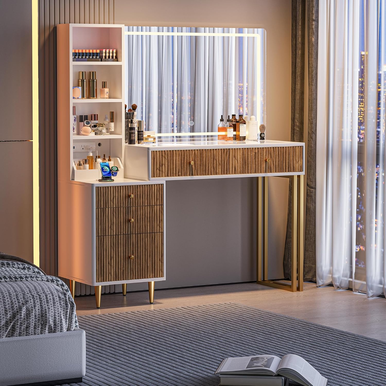 Fluted Vanity Desk with 32'' HD Mirror and Lights, 44''/w Modern Glass Top Makeup Vanity Table with Drawers & Charging Station, 3 Shelves, Makeup Tray Dressing Table for Bedroom(White)