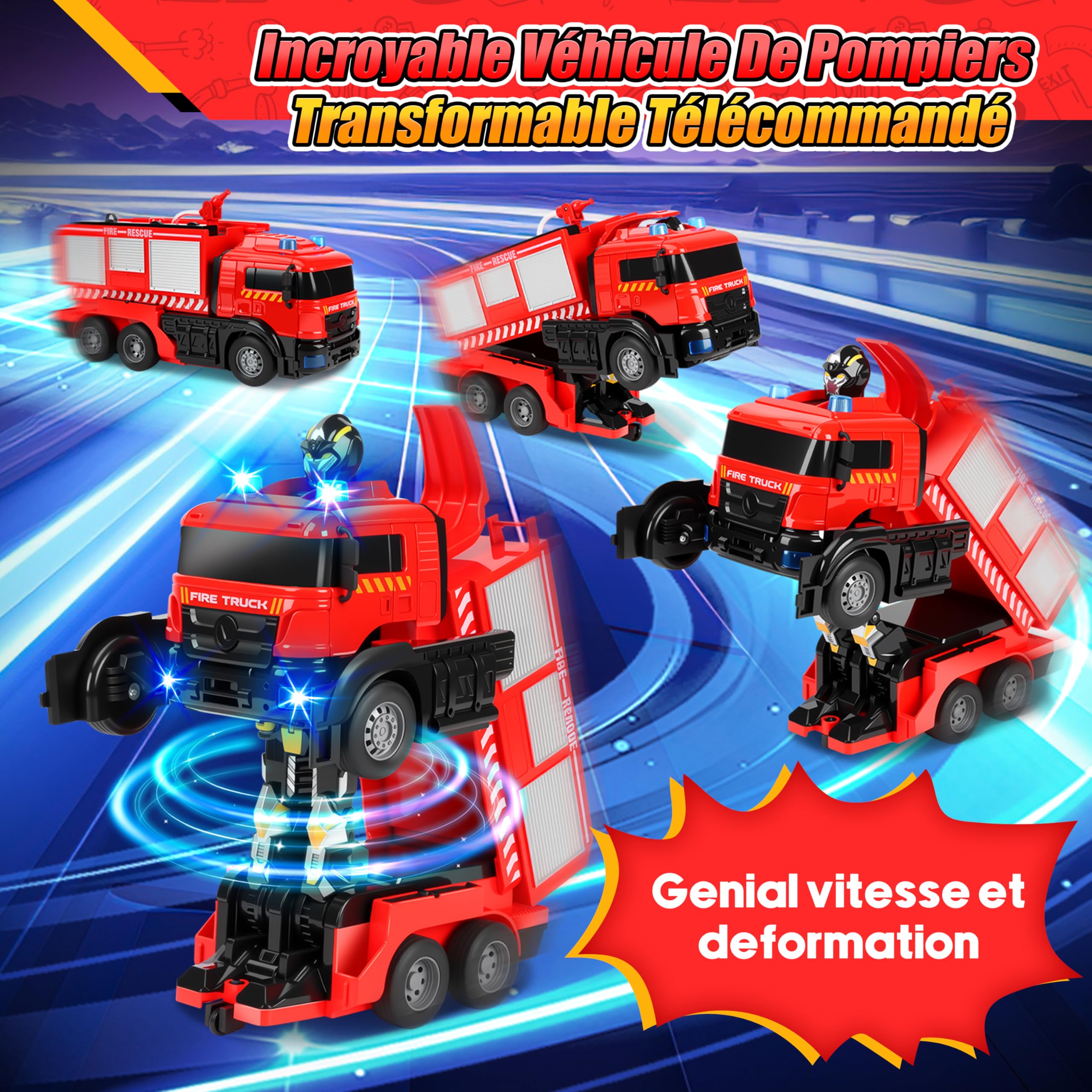 Charmofun Gros Camion Pompier avec Sonore et Lumineux, Voiture Pompiers Telecommande avec Pulvérisation d'eau, Robot Transformable Voiture Télécommandé Enfant, Cadeau Noël et Anniversaire Enfant