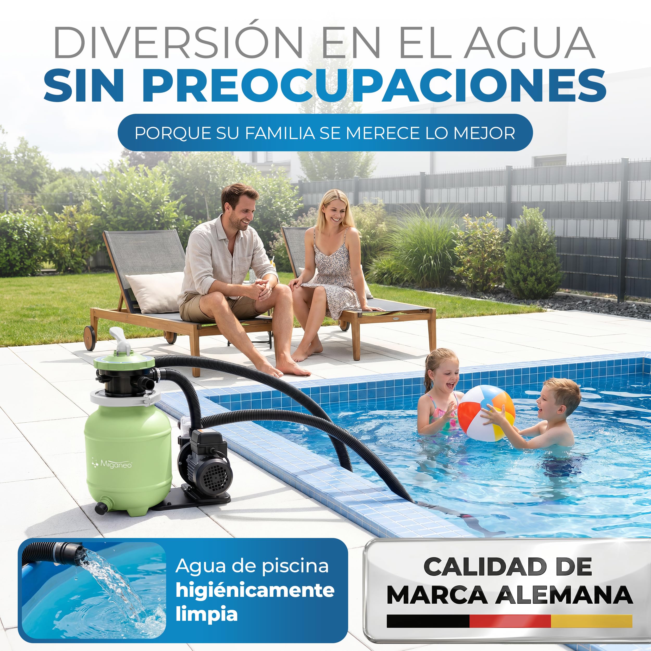 Miganeo Filtro de arena Speed Clean Dynamic 7000 – Verde | Potencia de la bomba 6.300 l/h | Capacidad de filtrado 4.500 l/h | Sistema de filtro para piscinas de hasta 19.000 litros | Ahorro de energía