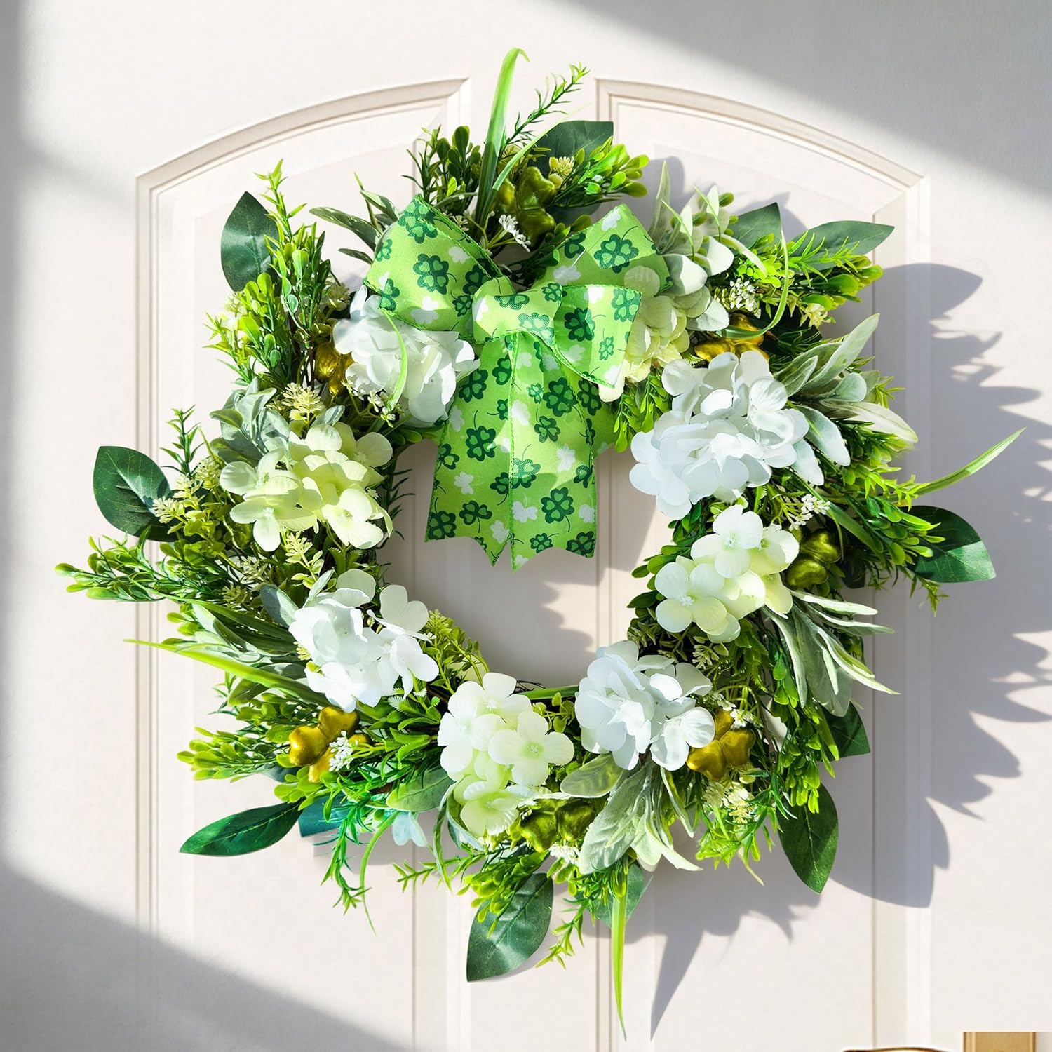 24'' St. Patrick's Day Wreath for Front Door, Irish Shamrocks Wreath with Bow, Spring Green Hydrangea Home Decor, Artificial Greenery Glittery Clover Decoration for Wall Indoor Outdoor Window Porch