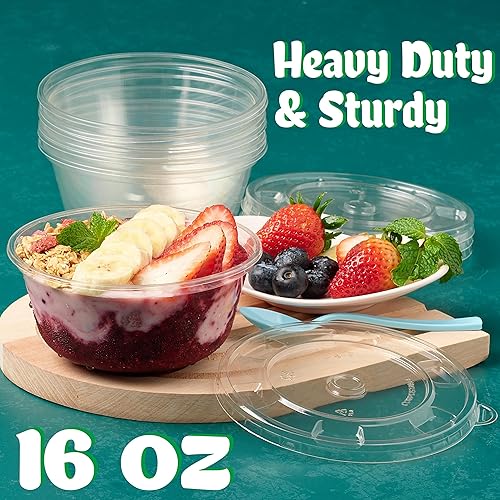 Miniatura 2 de Vasos de comida compostables premium con tapas de 16 oz (10 juegos) Tazones desechables grandes y resistentes ideales para líquidos y helados.