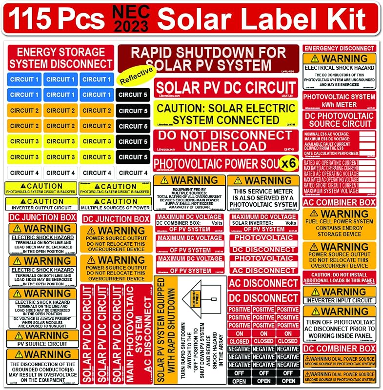 Kit de Etiquetas de Segurança para Sistema Solar Fotovoltaico Littversions, Edição 2023, Laminado, 115 Peças, LV-KT-49-01