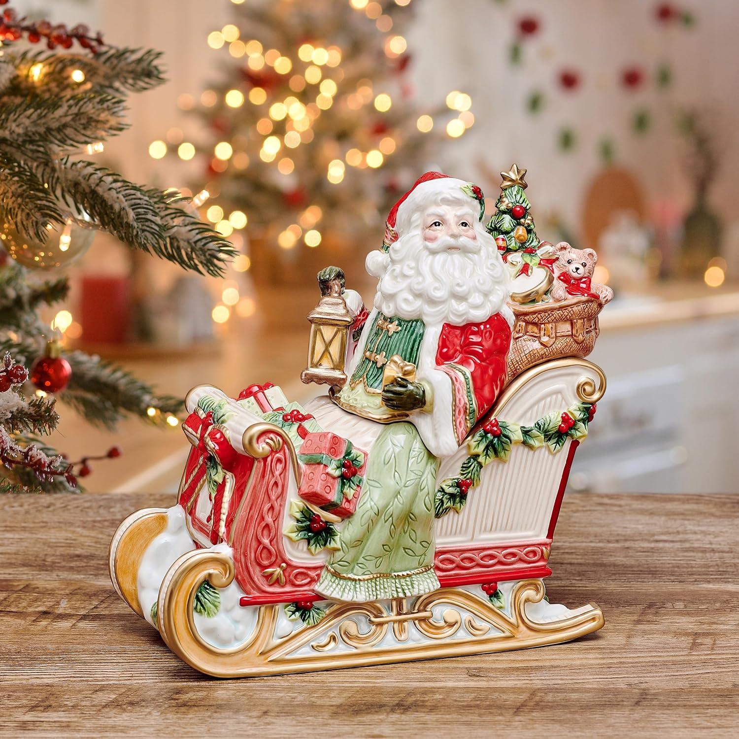 Fitz and Floyd Santa Crimson Holiday Ceramic Cookie Jar, Christmas Treat Kitchen Countertop Storage Jar with Removable Lid, 10 Inch