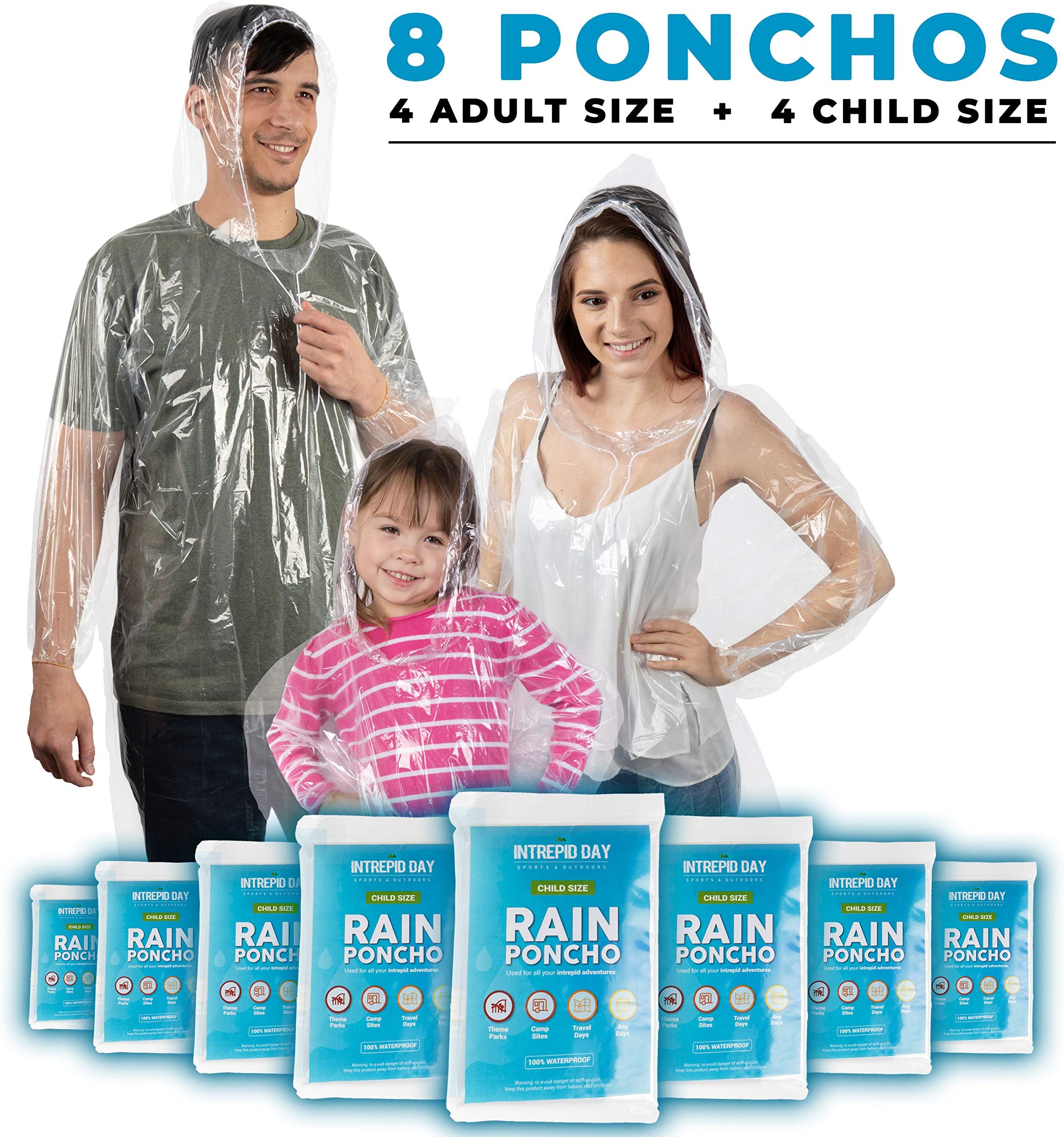 Intrepid DayDisposable Rain Poncho Family 8 Pack: Clear Emergency Raincoat Ponchos w/Hood for Adults & Kids - Heavy Duty One Size Fits All Waterproof Travel Plastic Rain Jacket for Adult Men & Women or Children