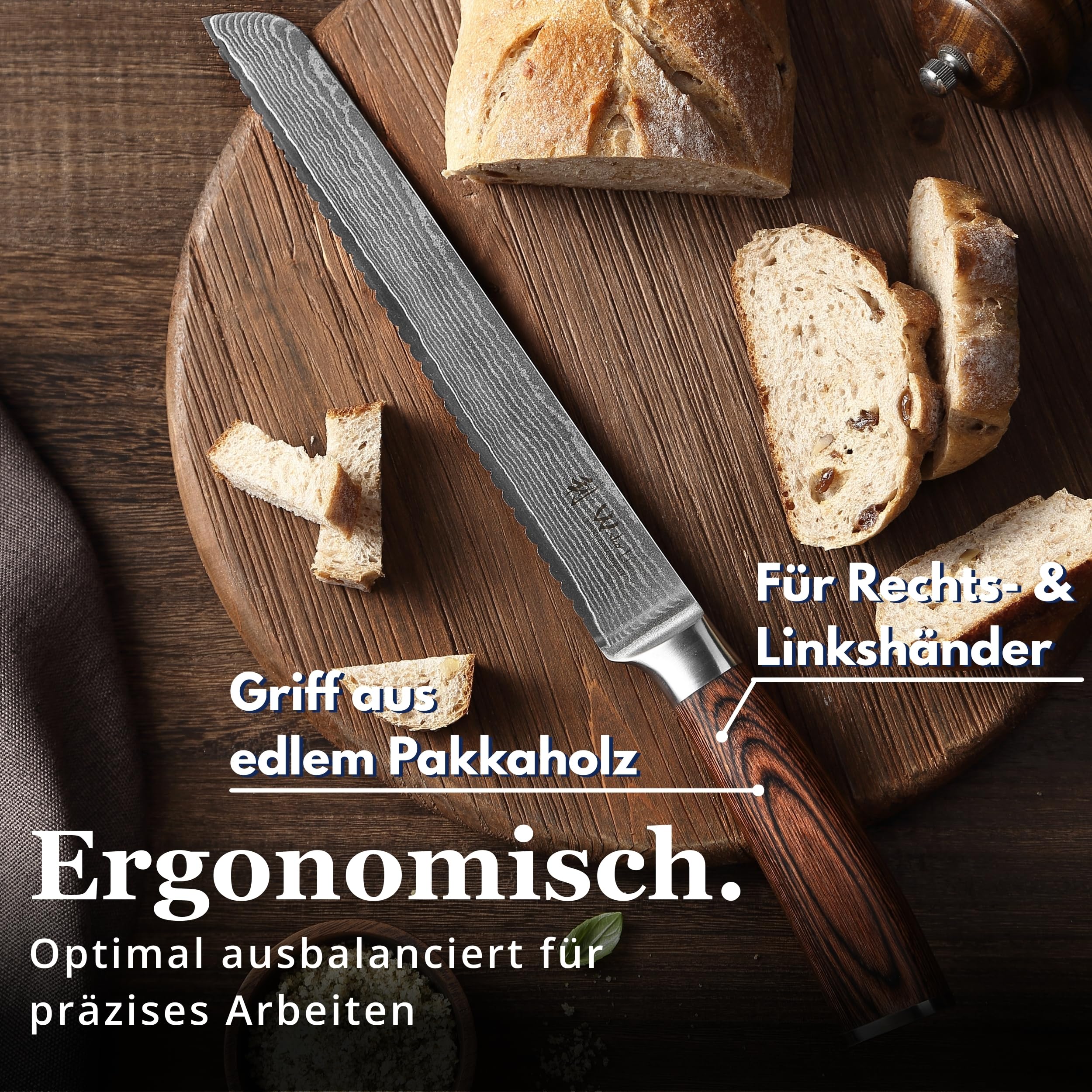 Wakoli EDIB Brotmesser, 23 cm Klinge aus Damaststahl mit VG10 Kern | Einseitiger Wellenschliff für große Brotlaibe, Baguette und Krusten; 67 Lagen, 60 ± 2 HRC, Pakkaholzgriff, Geschenkbox