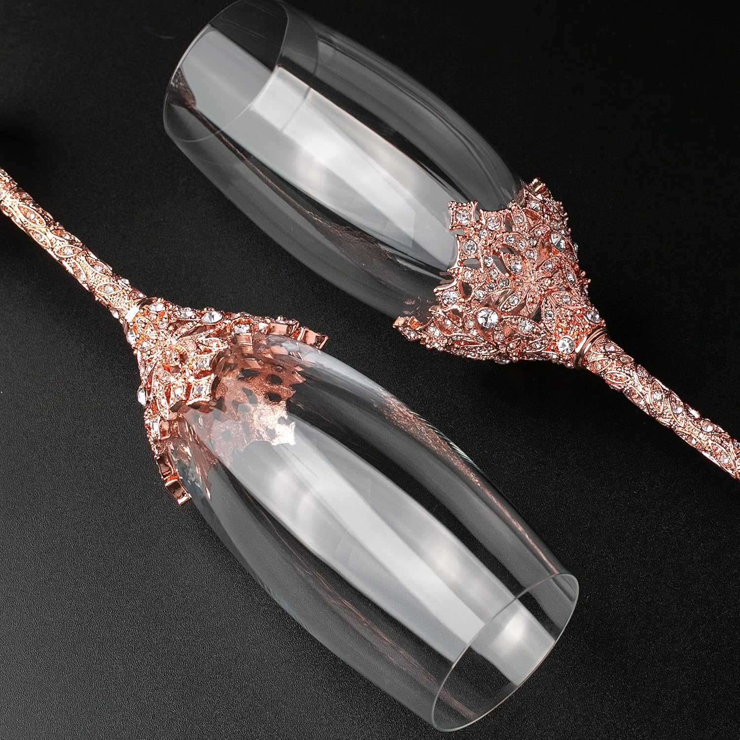 Champagne Flutes - Crystal Glass Metal Base With Crystal Stones, Set of 2 Toasting Flute Pair, Wedding Anniversary Party Birthday Banquets and Gifts for Bride and Groom (Rose Gold) - Image 4