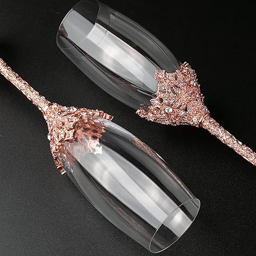 Miniatura 4 de Jozen Gift Copas de champán - Juego de 2 pares de flautas de champán con base de metal de cristal y piedras de cristal, para brindis, aniversarios,