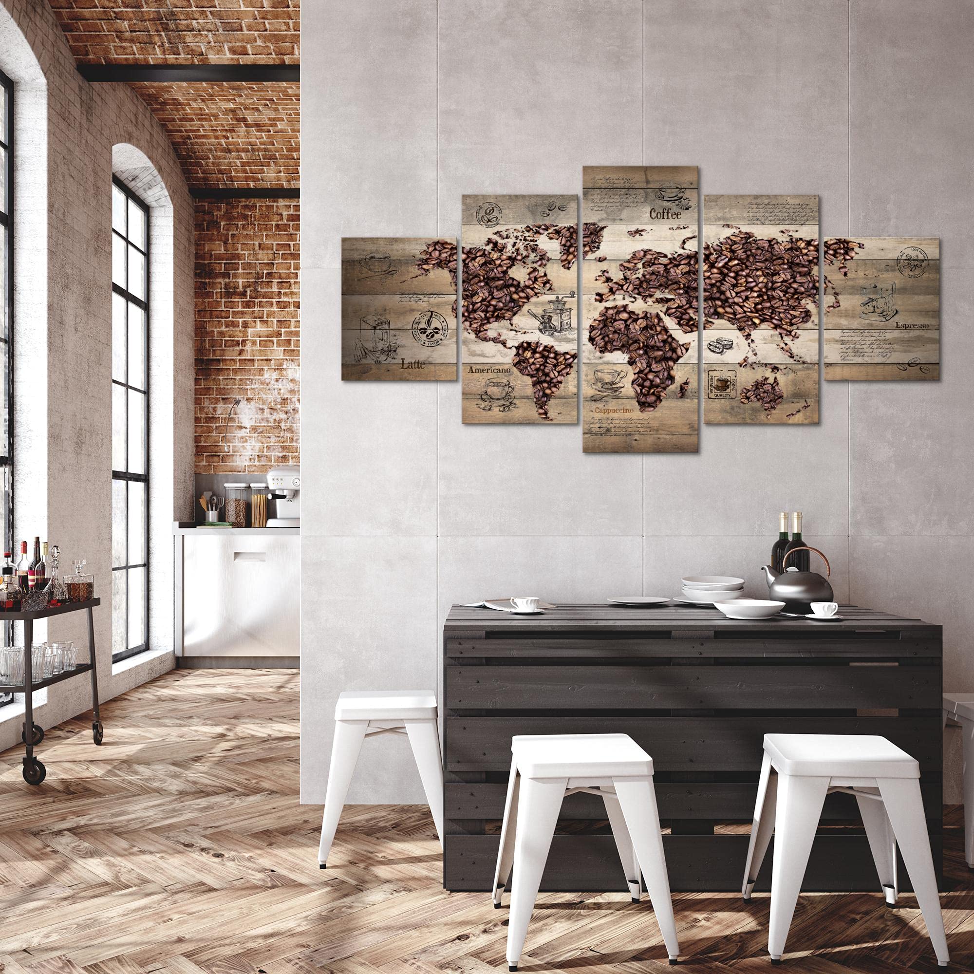 Runa Art - Tableau Café De Cuisine 200 x 100 cm 5 parties XXL Decoration Murale Dessin Brun beige 037951b