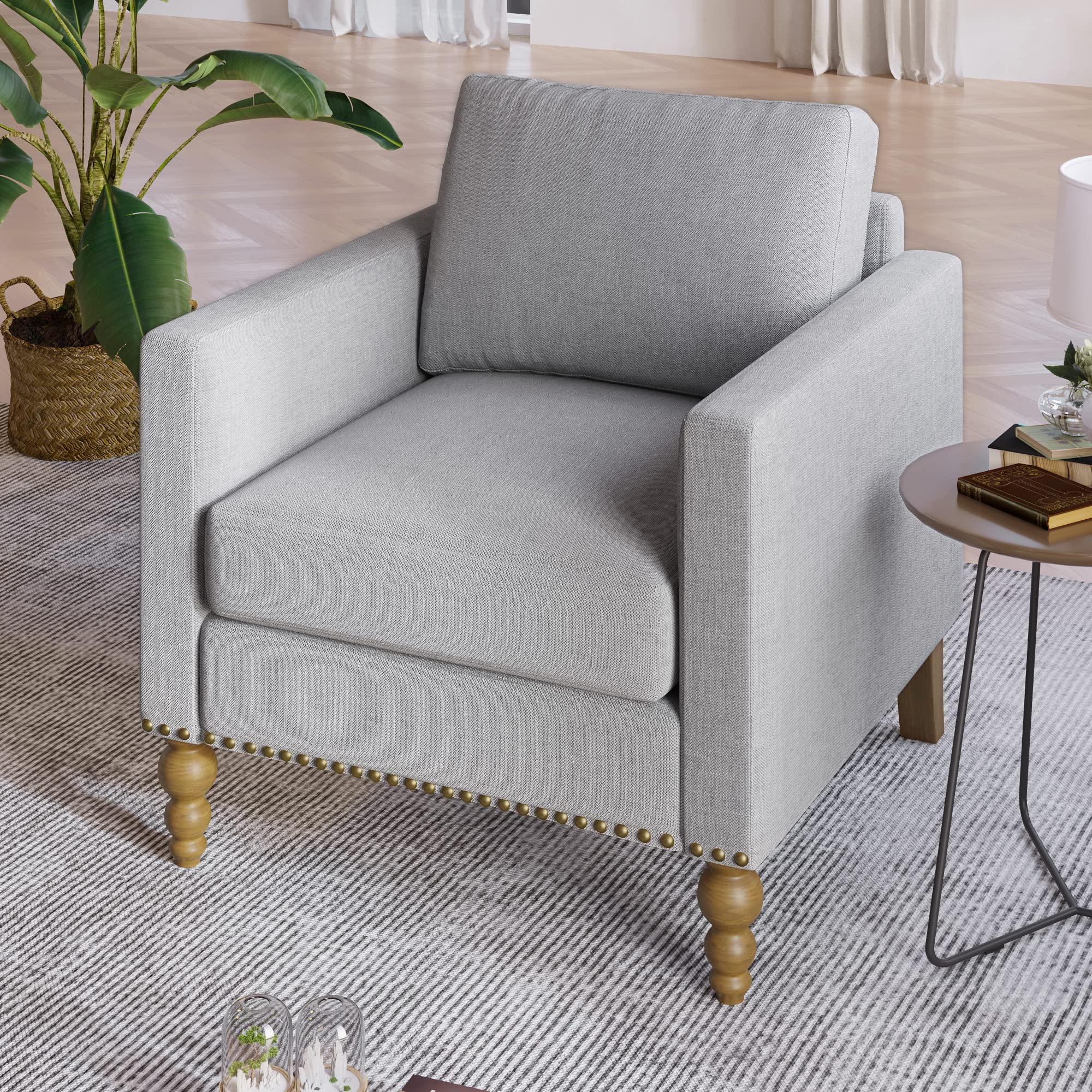 Merax, Gray Classic Linen Armchair Accent Chair with Bronze Nailhead Trim Wooden Legs Single Sofa Couch for Living Room, Bedroom, Balcony