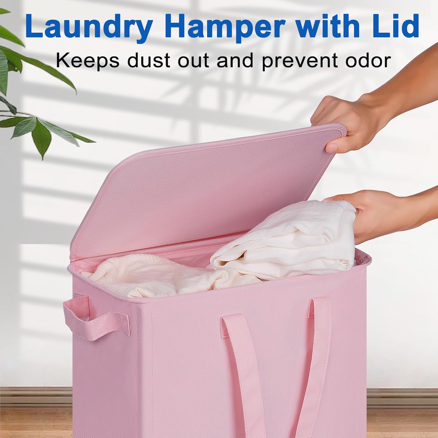 Slim Laundry Hamper with Lid and Wheels, Small Rolling Laundry Basket with Handle for Small Spaces, Tall Dirty Clothes Hampers for Dorm, Bathroom and Bedroom, 55L, Pink