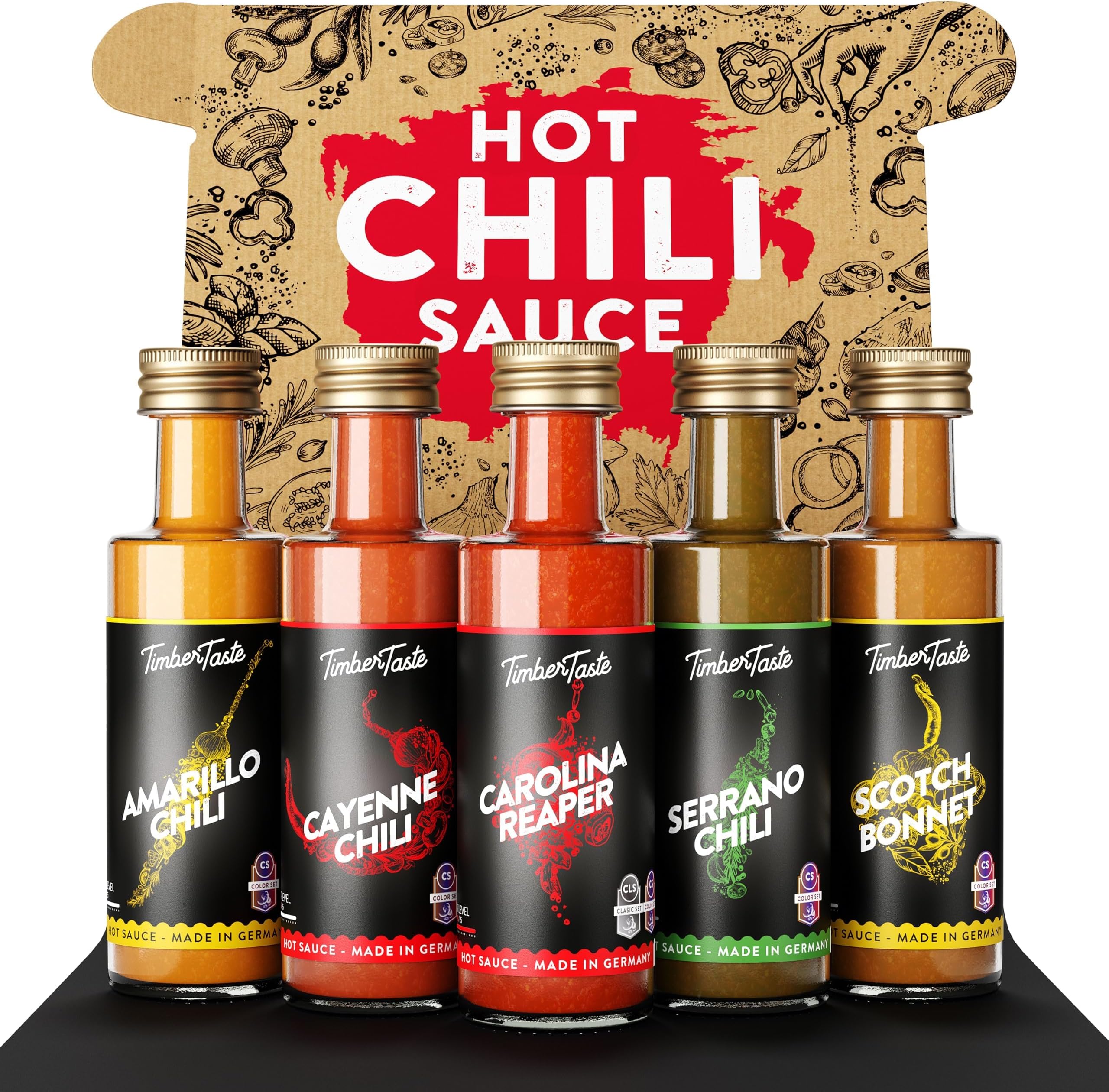 TIMBER TASTE® Color Hot Sauce Gift Sets [5x1.35 oz] - Hot Sauce Set of 5 Gourmet Spicy Condiments | Hot Sauce Pack & Hot Sauce Sampler in Mini Bottles | Hot Sauce Variety for Men & Women Gift