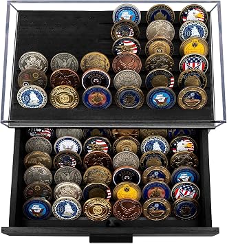 Parkway Home Black Military Challenge Coins Display Holder with American Flag,Solid Wood Challenge Coin Stand with Drawer,Challenge Coin Display Case for Collector, Military Coin Holder Rack for Desk