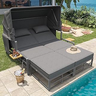 Gartenlounge-Set für 2-4 Personen, Sonnenliege Set, Gartenliege 2 Personen mit faltbarem Sonnendach, Sofa-Set für draußen, Essgruppe für Terrasse Balkon