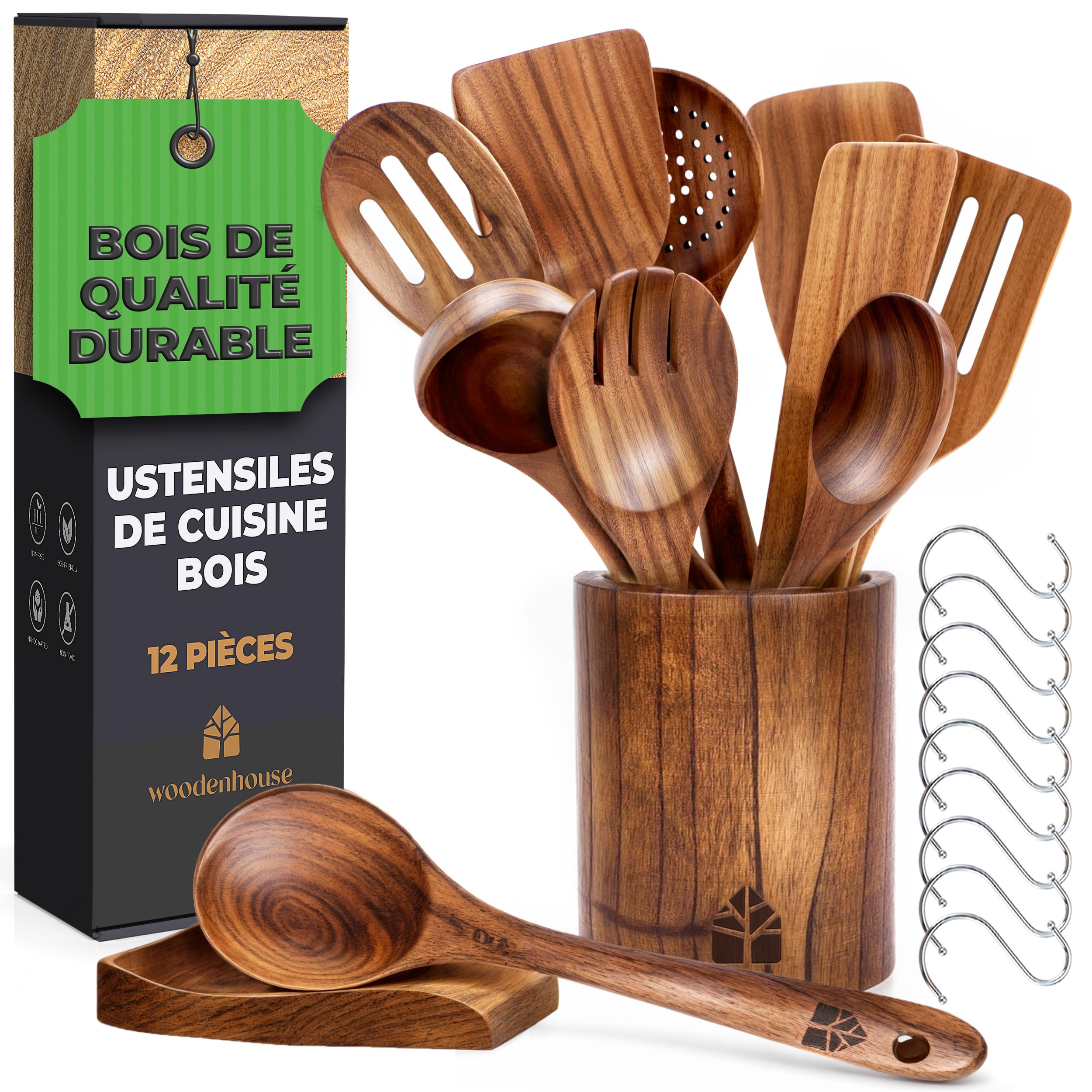 Ustensiles de Cuisine en Bois - Ensemble Premium en Teck de 12 Pièces avec Cuillère en Bois et Spatule, avec crochet, pot à couverts, repose-cuillère – Résistants à la chaleur et anti-rayures