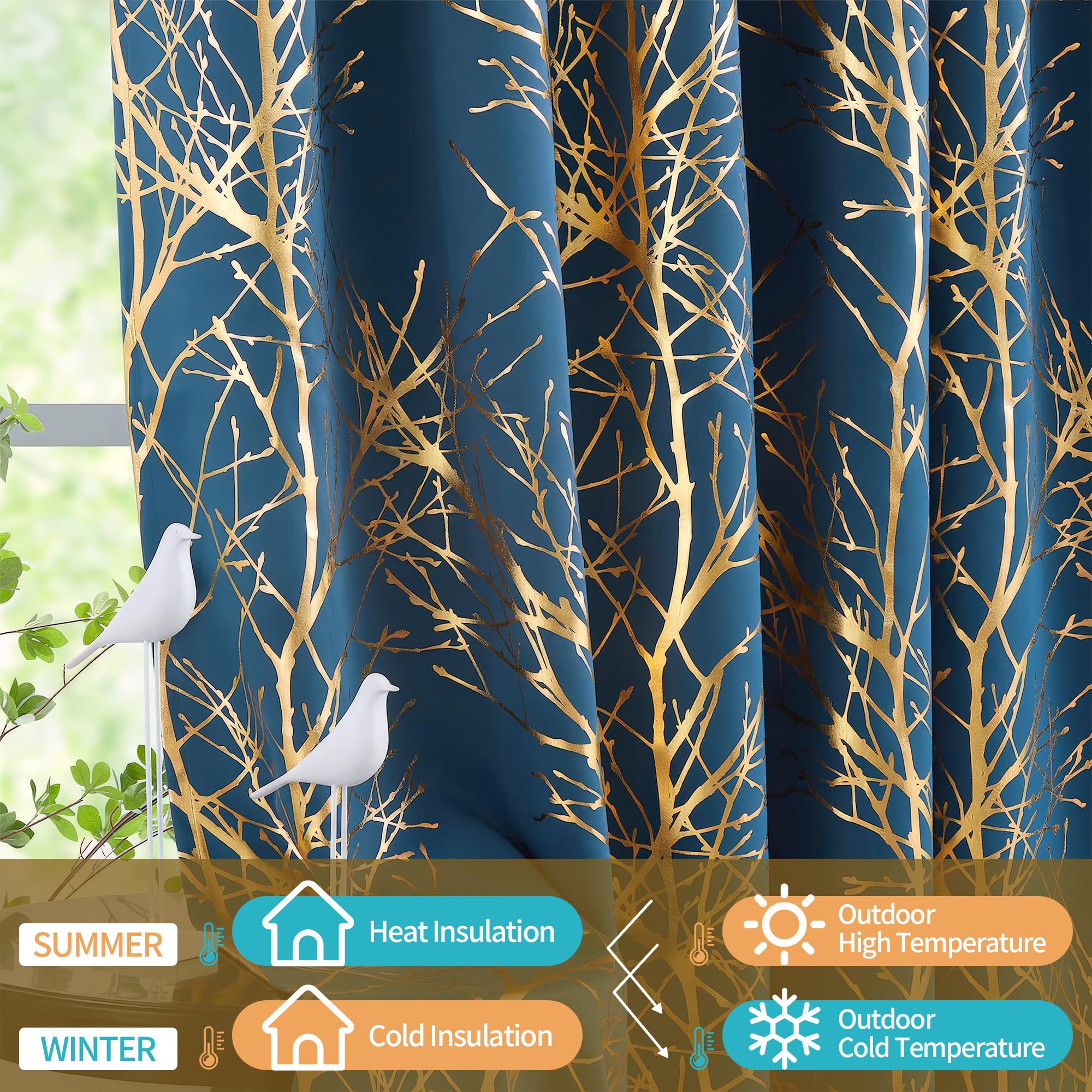 Fmfunctex Rideaux occultants pour chambre à coucher, 137 cm, avec œillets, pour salon, feuille de branche d'arbre, isolation thermique, rideau de fenêtre pour chambre d'enfant, 2 panneaux