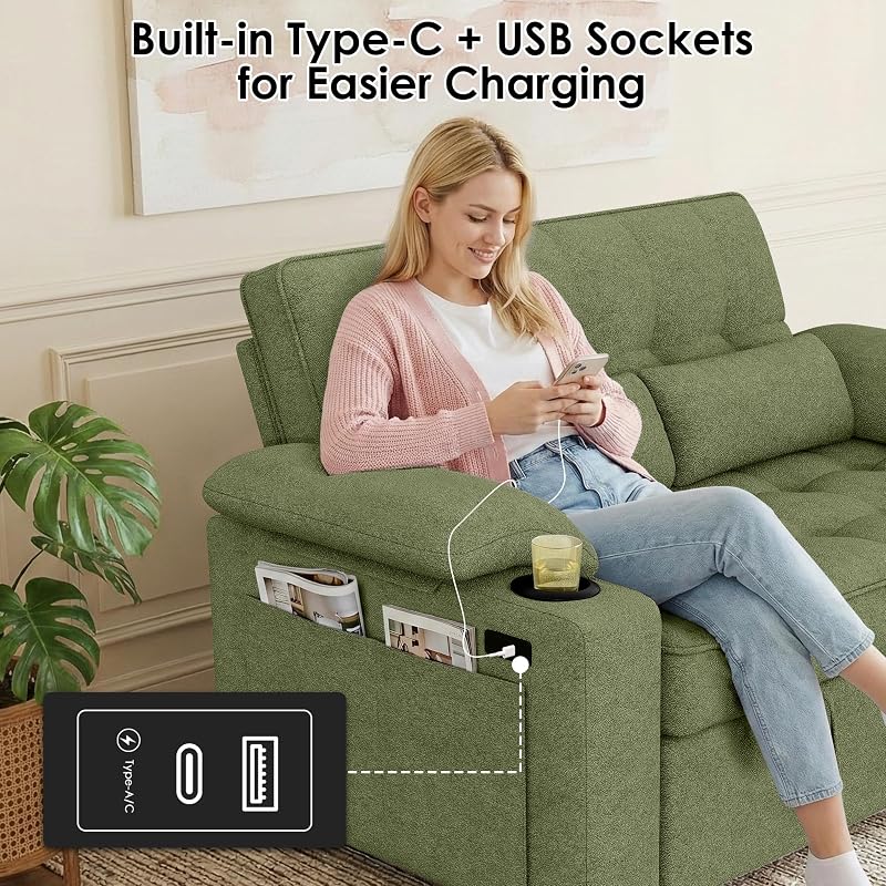 58'' Convertible Sofa Bed with USB Charger and Cup Holders, Teddy Fabric Loveseat Pull Out Couch with Adjustable Backrest and Side Pocket for Small Space (Green) image 4
