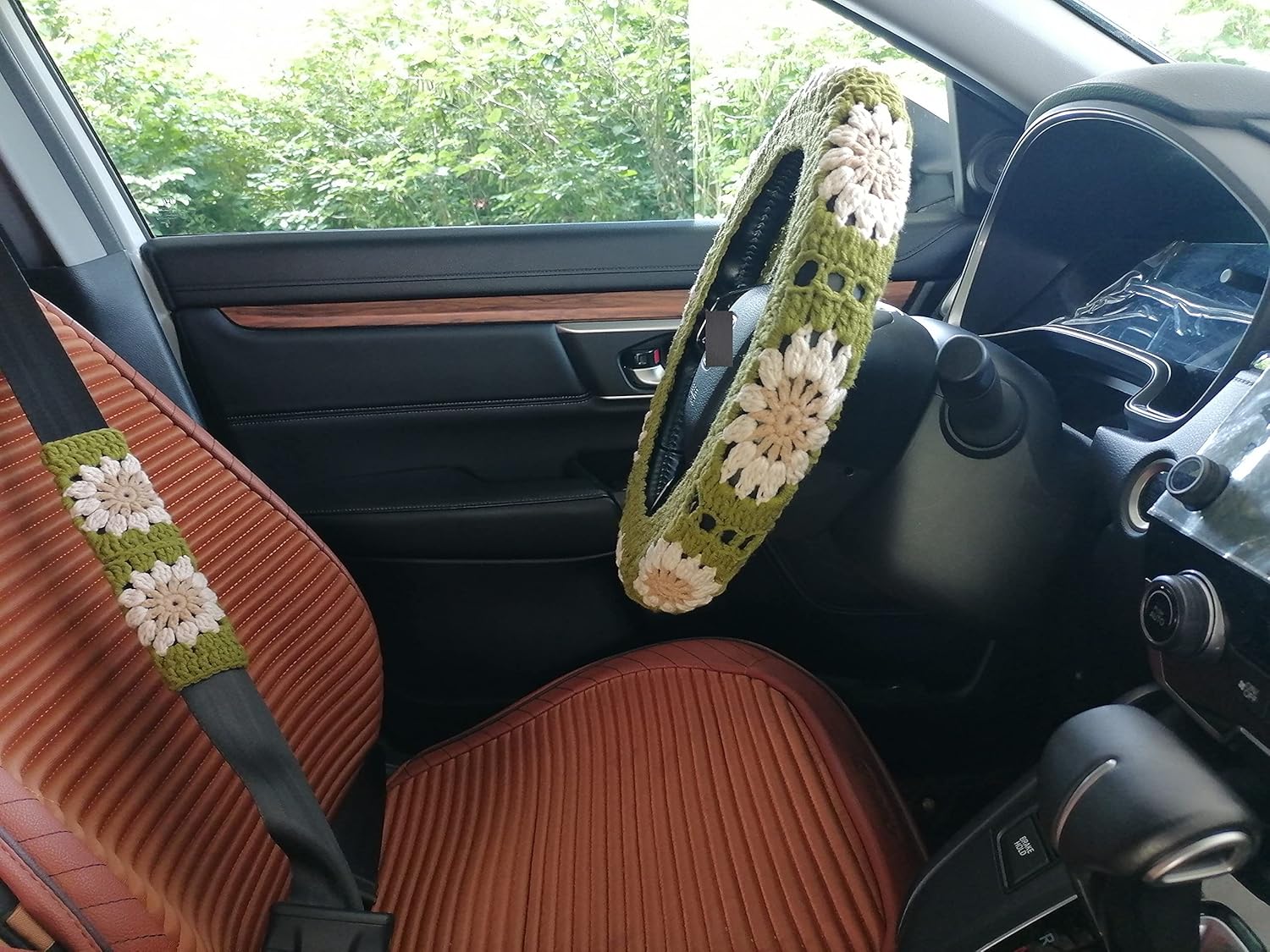 YDM Handmade Sunflower Crochet Steering Wheel Cover for Women Girl +2 Belt Cover