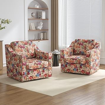 Swivel Accent Chairs Set of 2, 360 Swivel Armchairs, Beige Floral