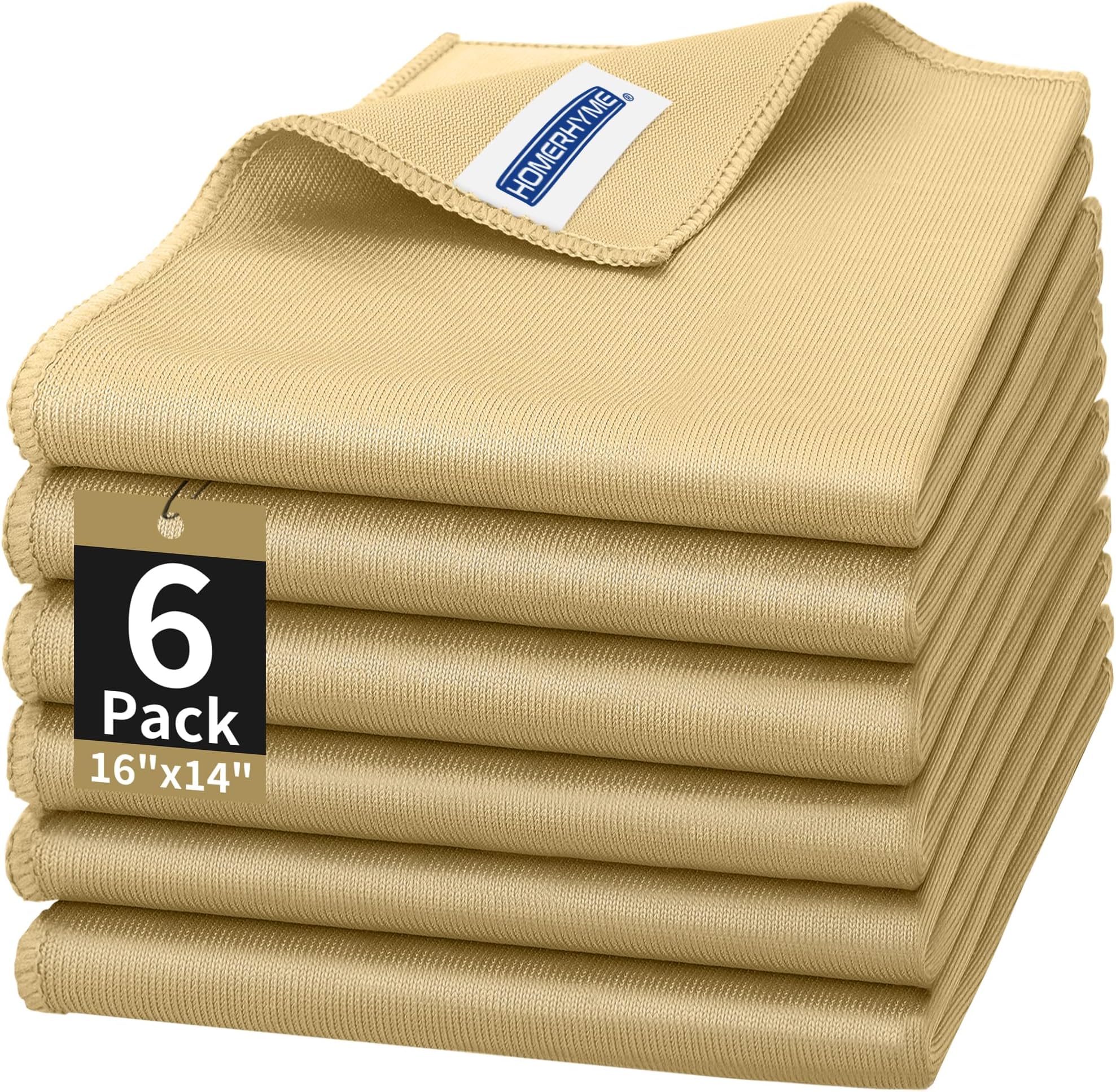 Microfiber Cleaning Cloth - 6 Pack Glasses Cleaning Cloth, 16" x 14" Window Cleaning Rags, Streak Free Lint Free Polishing Cloths Wipes for Eye Glass, Stainless Steel, Windshield, Beige