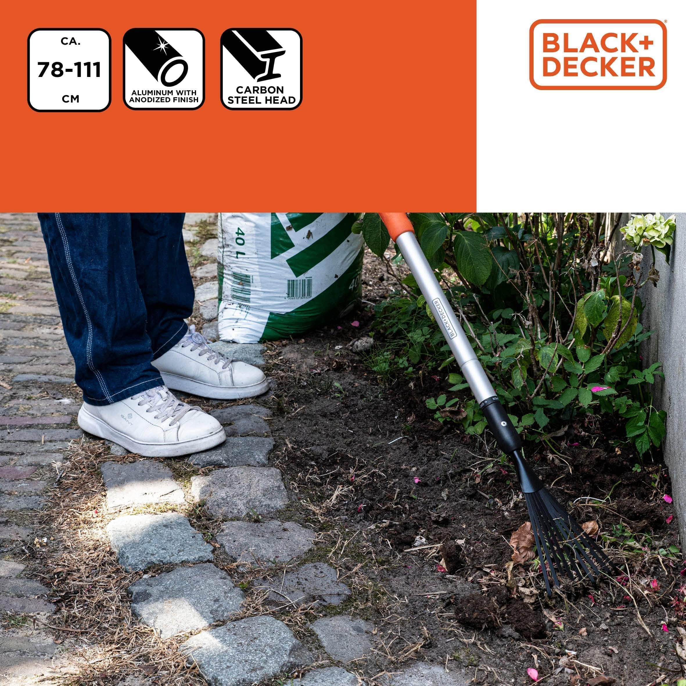 Black+Decker Grabie - teleskopowe 78-111 cm - aluminiowy trzonek i głowica ze stali węglowej - nierdzewne