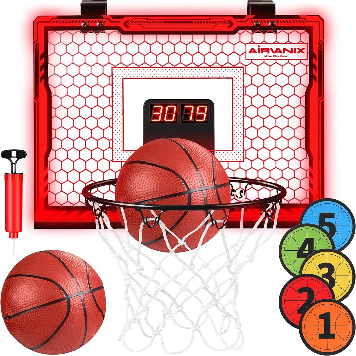 Mini Basketball Hoop for Kids | 5 Numbered Spots, Spring-Loaded Rim for Slam Dunks, Electronic Scoreboard W/Remote | Foldable Indoor Basket Ball Hoops | 2 Over the Door Mini Hoop Basketballs (Red)