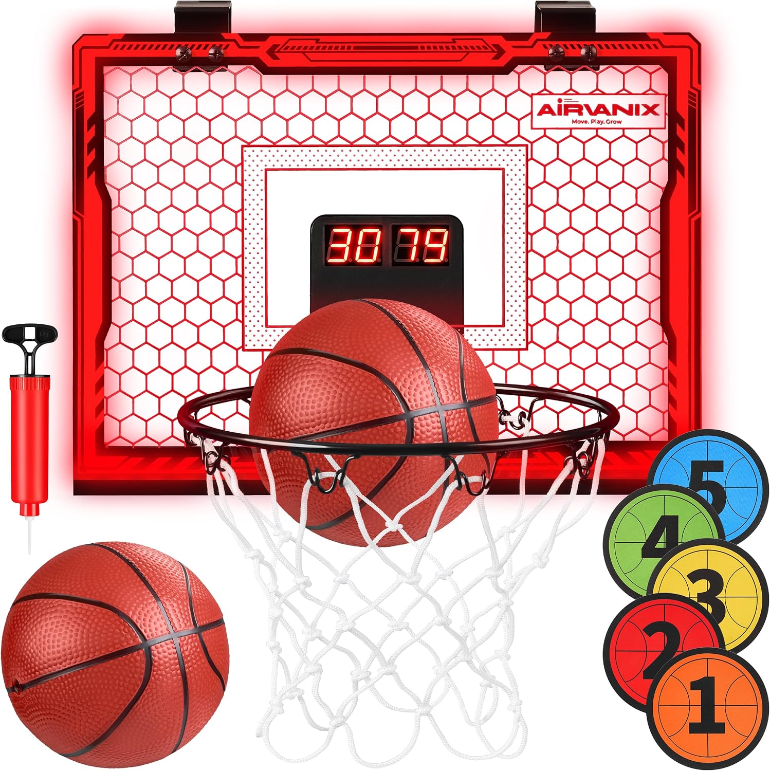 Mini Basketball Hoop for Kids | 5 Numbered Spots, Spring-Loaded Rim for Slam Dunks, Electronic Scoreboard W/Remote | Foldable Indoor Basket Ball Hoops | 2 Over the Door Mini Hoop Basketballs (Red)