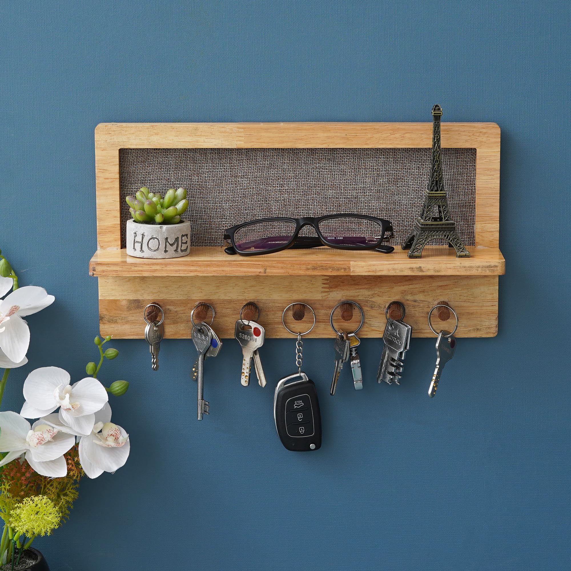 eCraftIndia Light Brown Multiutility Wooden Shelf with Key Holder for Wall with 7 Key Hooks - Wall Key Holder for Home Decor Office - Key Organizer Gift for Diwali Housewarming Krishna Janmashtami-image-13