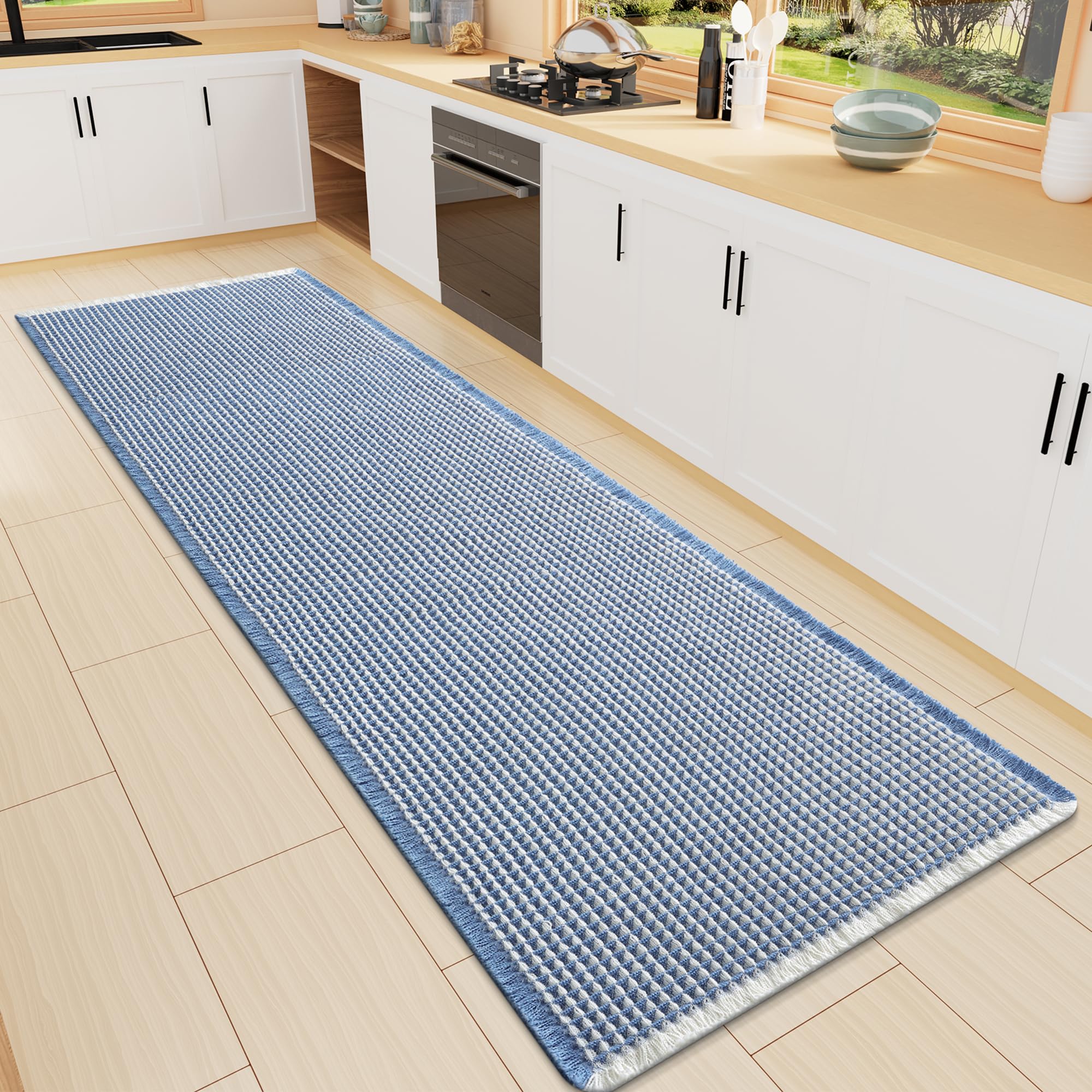 Smiry Waffle Bath Mat 60X16, Soft Absorbent Bathroom Rugs, Blue &amp; Cream