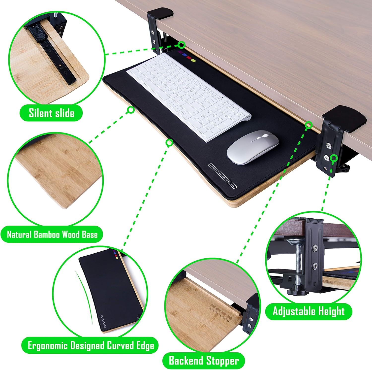 Easy Clamp On Medium Keyboard Tray Under Desk – Bamboo Wood Keyboard Drawer with Full Size Keyboard and Mouse Pad, Original Wood, Medium : Office Products