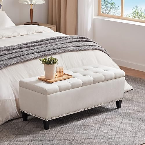 Miniatura 4 de HUIMO Otomana con almacenamiento, otomana tapizada de tela de 41 pulgadas con bisagra de seguridad, banco de almacenamiento con botones, banco
