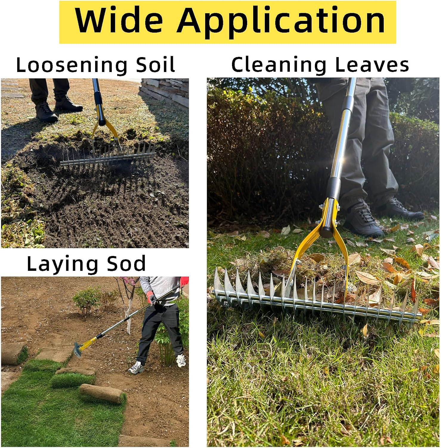 Thatch Rake 15 Inch Wide Efficient Dethatcher Rake for Cleaning Dead Grass, Combs Turf & Loosens Soil, Steel Metal Grass Rakes with Stainless Steel Handle Versatile Leveler &Cleans for Garden