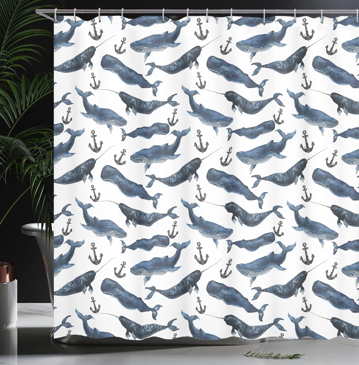Ambesonne Narwhal Shower Curtain, Aquarelle Whales with Anchors Marine Biology Illustration Brush Stroke, Cloth Fabric Bathroom Decor Set with Hooks, 69" W x 70" L, Dark Blue Navy Blue