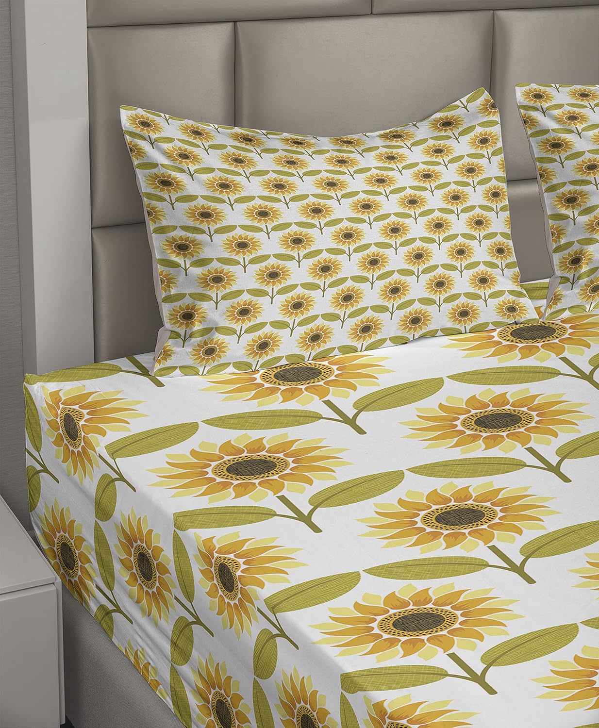 Ambesonne Sunflower Sheet Set, Sunflowers Pattern Autumn Season Country Style Retro Illustration Print, Fitted and Flat Sheet with Pillowcases Bedding Accent 4 Piece Set, Queen, Yellow White Green